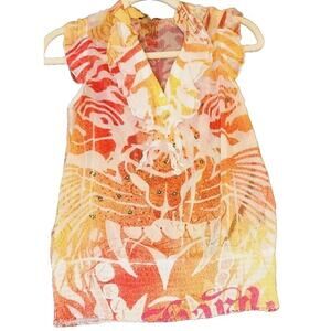 Vtg Ed Hardy by Christian Audigier Blouse Top Womens Sz M Sleeveless Tiger Print